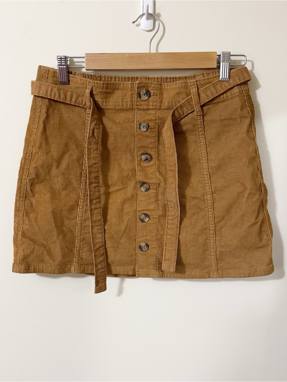 American Eagle Hi Rise A Line Skirt Brown Corduroy Size 4 Tie Waist Buttons